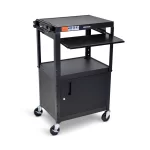 Luxor Adjustable-Height Three-Shelf Media Utility Cart with Pullout Tray and Locking Cabinet, 24" W x 18" D, Black