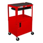 Luxor  Adjustable-Height Three-Shelf Media Utility Cart with Pullout Tray and Locking Cabinet, 24" W x 18" D, Red