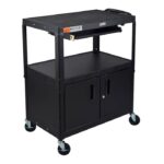 Luxor XL Adjustable-Height Three-Shelf Media Utility Cart with Pullout Tray and Locking Cabinet, 32" x 20", Black