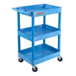 Luxor 34" H Three-Shelf Utility Cart, 24" W x 18" D, Blue, Tub Shelves