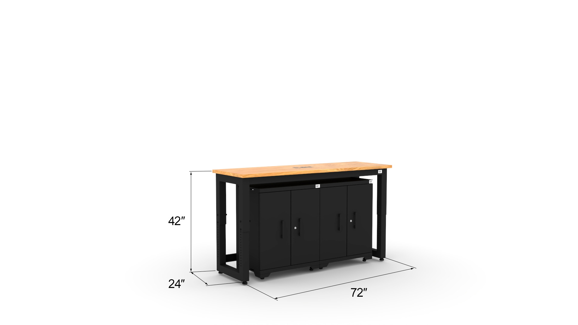 CAT-FWSETA_dims Garage storage cabinets with 2 base cabinets and 72 inch solid wood worktop