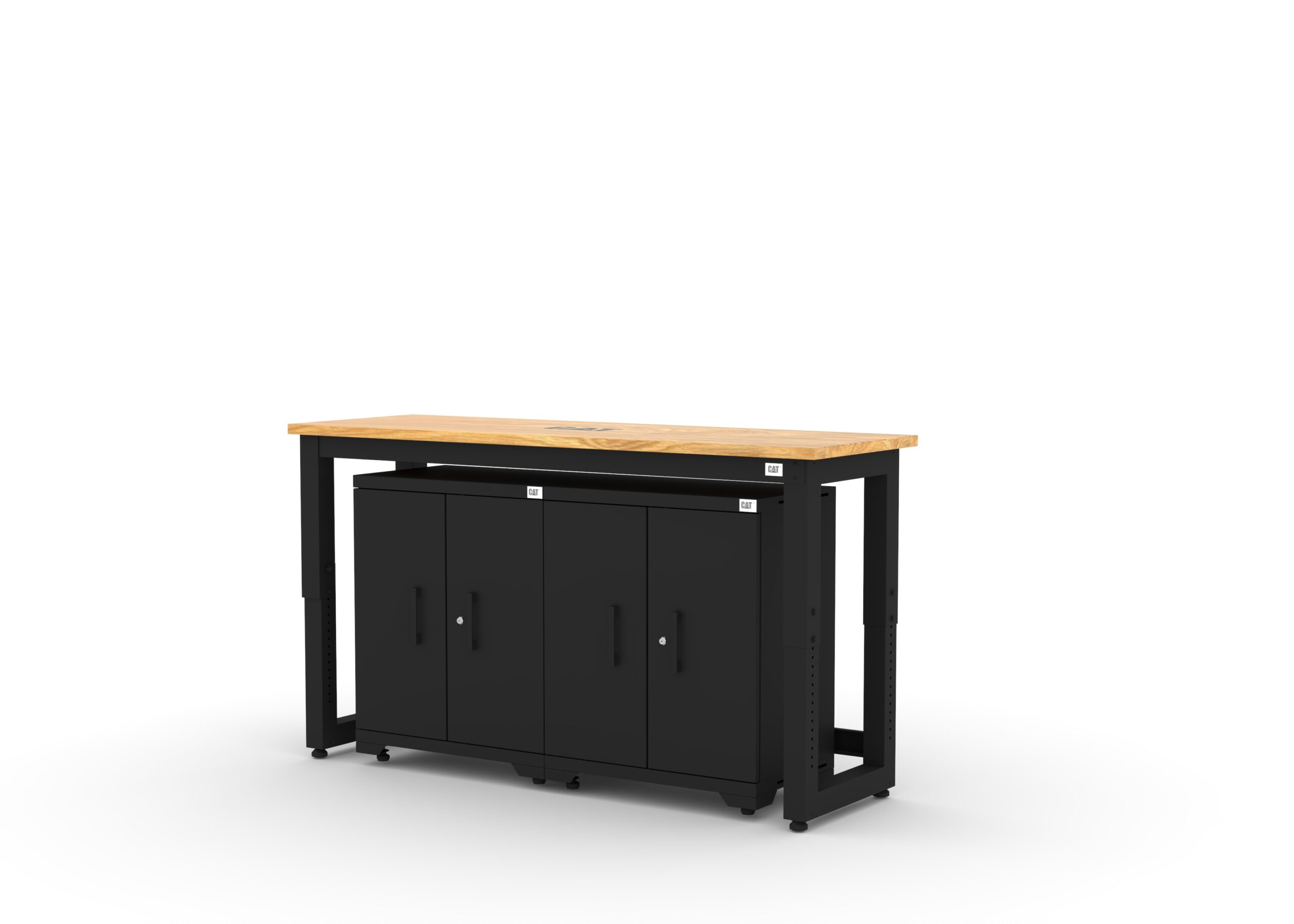 CAT-FWSETA_left Garage storage cabinets with 2 base cabinets and 72 inch solid wood worktop