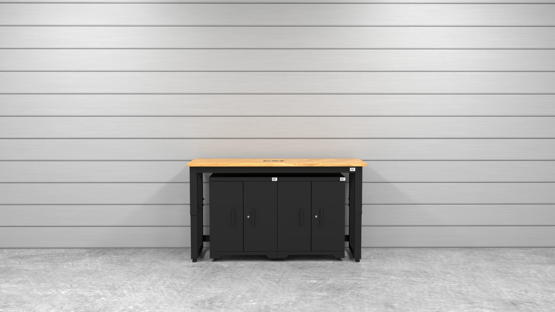 CAT-FWSETA_lifestyle Garage storage cabinets with 2 base cabinets and 72 inch solid wood worktop