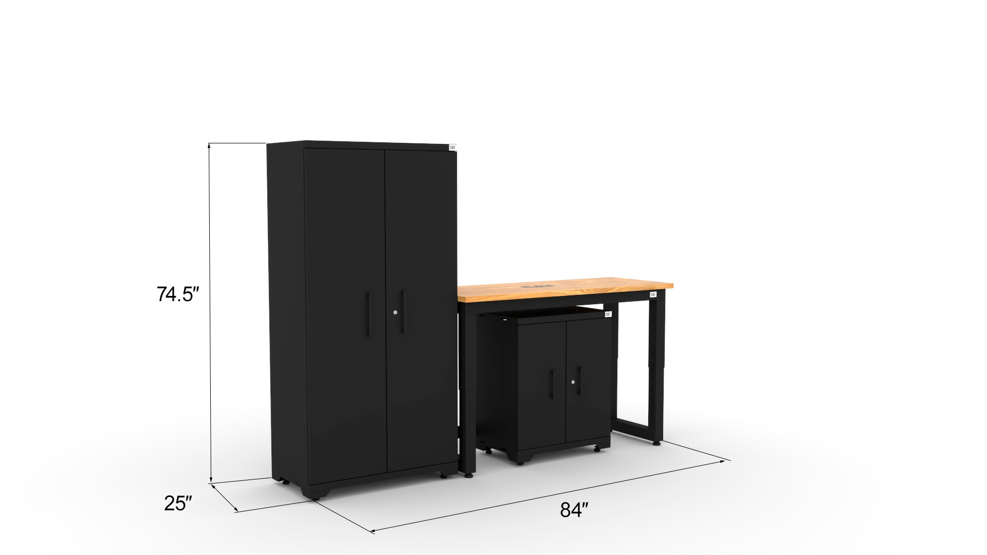 CAT-FWSETC_dims Garage storage cabinets with 1 locker, 1 base cabinet and 48 inch solid wood worktop