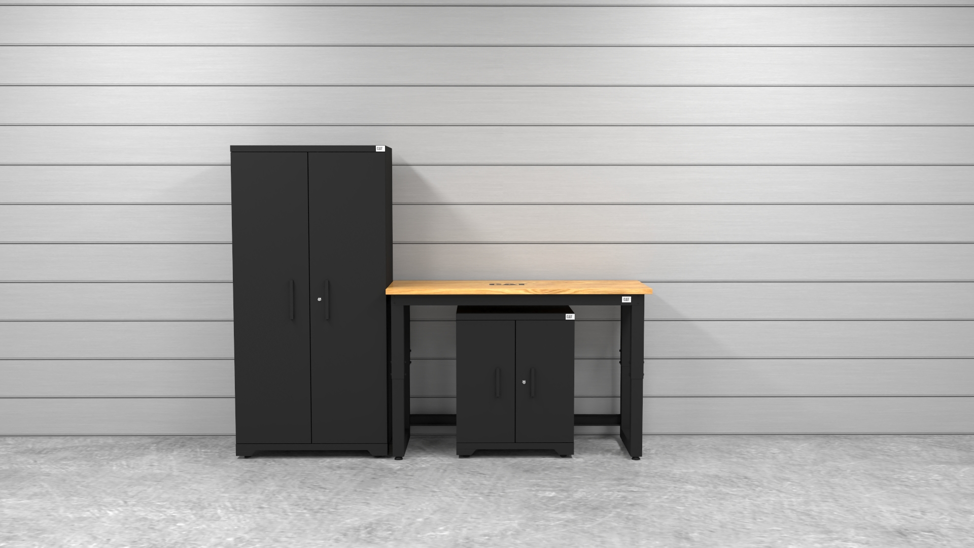 CAT-FWSETC_lifestyle CAT garage storage cabinet set with 1 locker, 1 base cabinet and 48 inch worktop