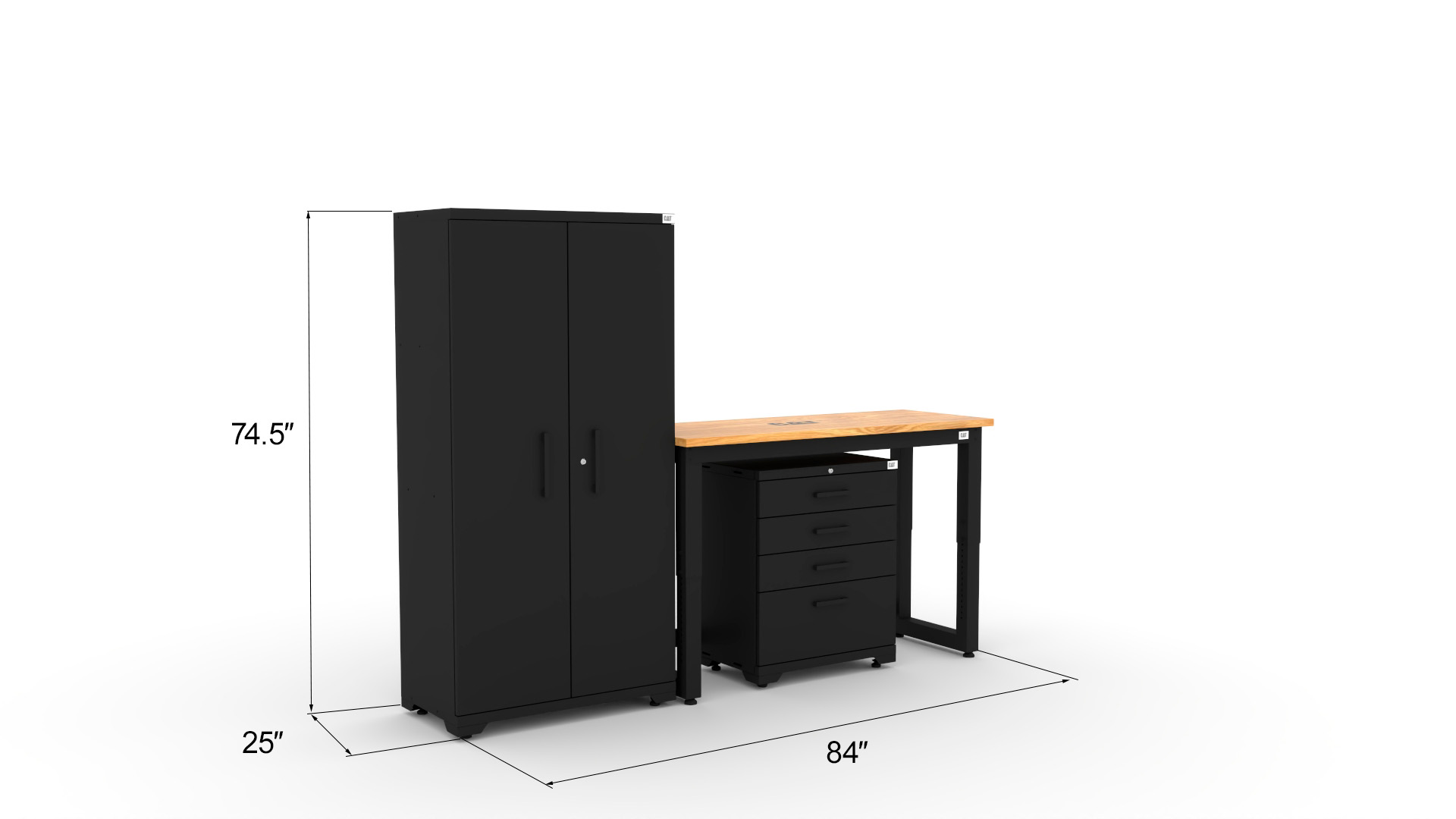CAT-FWSETD_dims Garage storage cabinets with 1 locker, 1 tool cabinet and 48 inch solid wood worktop
