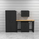 CAT garage storage cabinet set with 1 locker, 1 wall cabinet, 1 base cabinet and 48 inch workbench