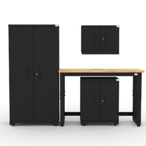 CAT garage storage cabinet set with 1 locker, 1 wall cabinet, 1 base cabinet and 48 inch workbench