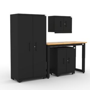 CAT garage storage cabinet set with 1 locker, 1 wall cabinet, 1 base cabinet and 48 inch workbench