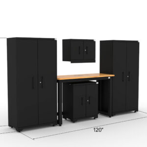 Garage storage cabinets with 2 lockers, 1 wall cabinet, 1 base cabinet and 48 inch solid wood workbench