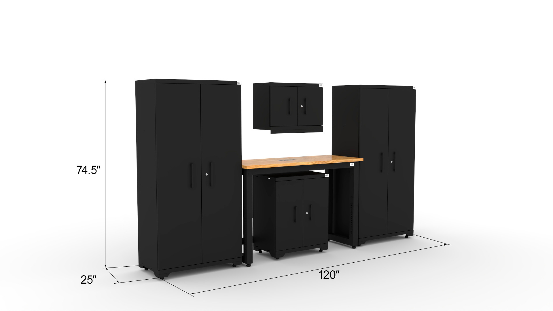 CAT-FWSETJ_dims Garage storage cabinets with 2 lockers, 1 wall cabinet, 1 base cabinet and 48 inch solid wood workbench