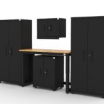 Garage storage cabinets with 2 lockers, 1 wall cabinet, 1 base cabinet and 48 inch solid wood workbench