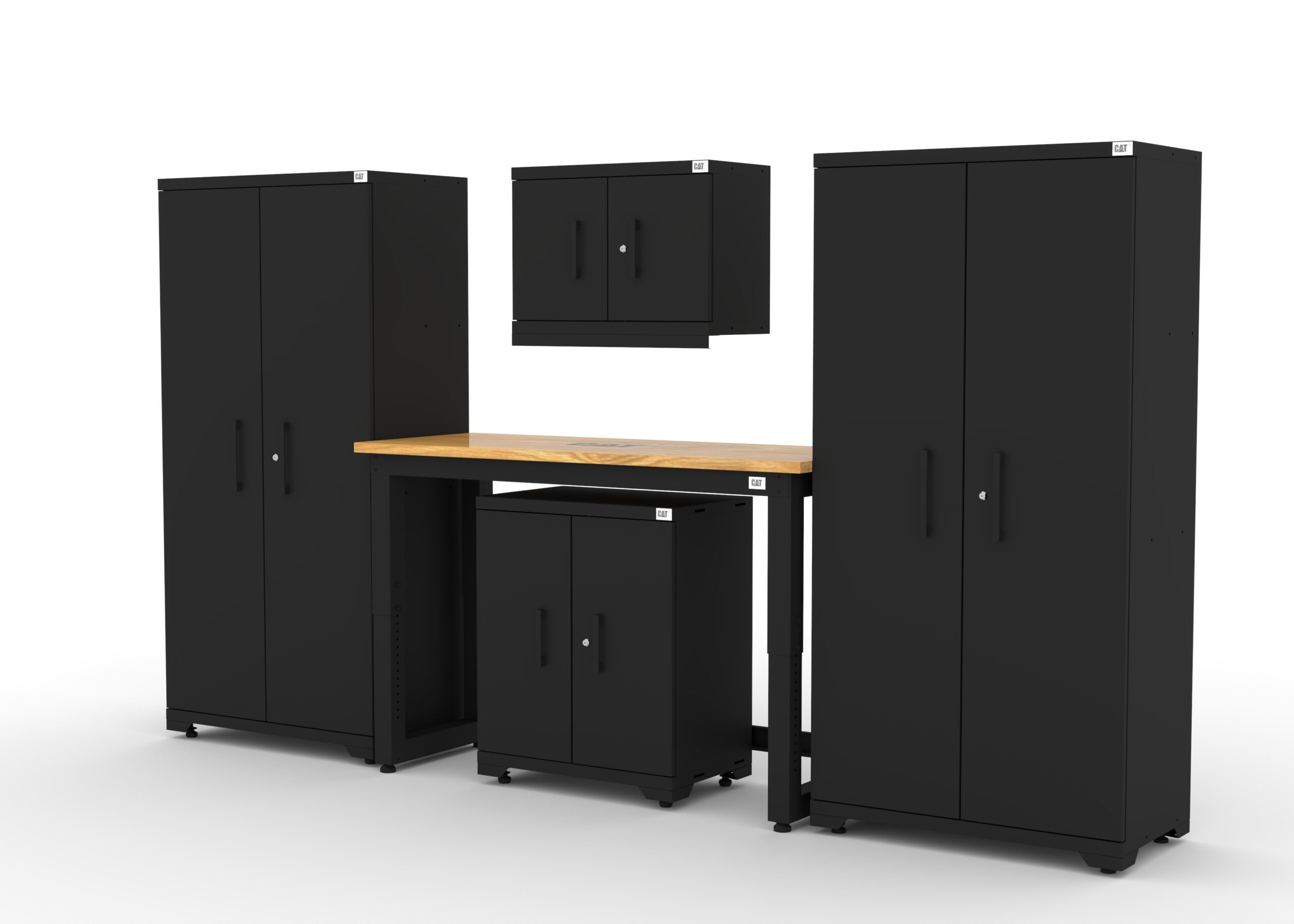 CAT-FWSETJ_left Garage storage cabinets with 2 lockers, 1 wall cabinet, 1 base cabinet and 48 inch solid wood workbench
