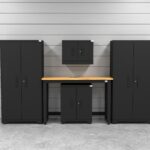 Garage storage cabinets with 2 lockers, 1 wall cabinet, 1 base cabinet and 48 inch solid wood workbench