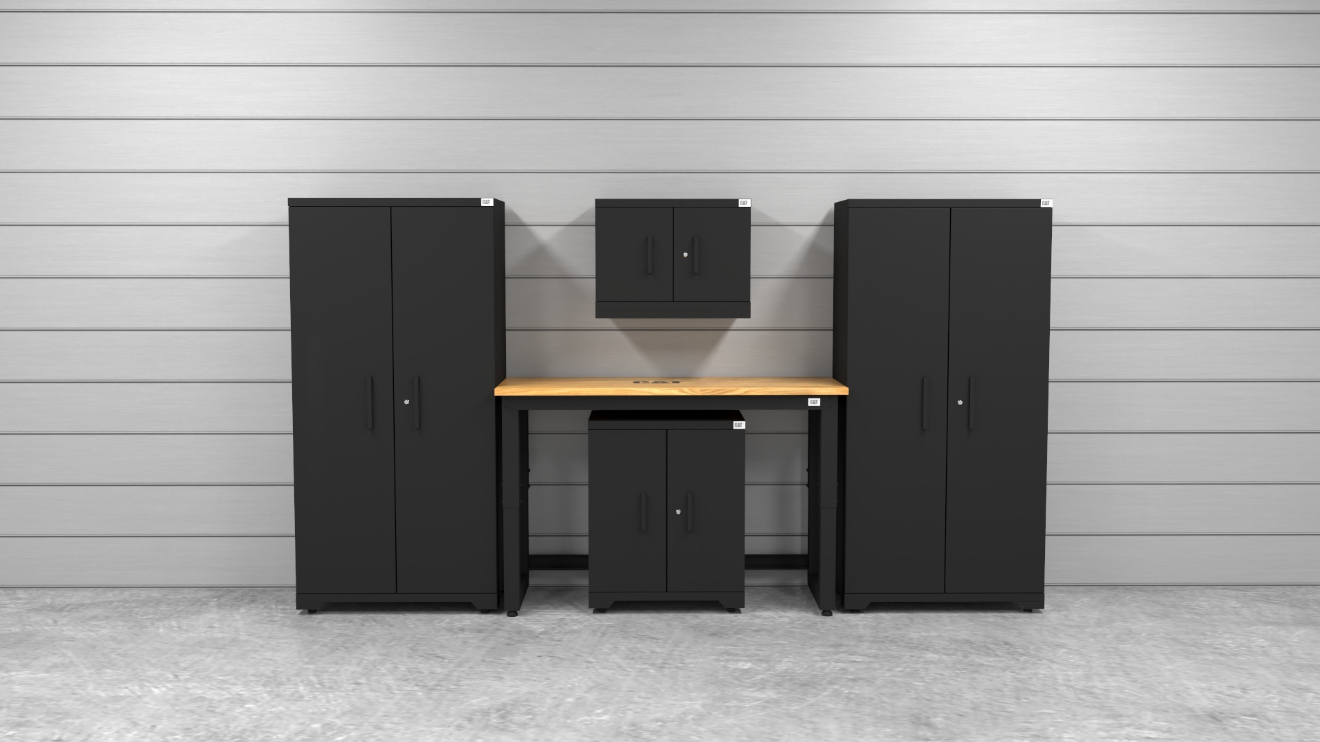 CAT-FWSETJ_lifestyle Garage storage cabinets with 2 lockers, 1 wall cabinet, 1 base cabinet and 48 inch solid wood workbench