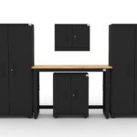 Garage storage cabinets with 2 lockers, 1 wall cabinet, 1 base cabinet and 48 inch solid wood workbench