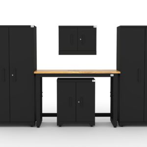 Garage storage cabinets with 2 lockers, 1 wall cabinet, 1 base cabinet and 48 inch solid wood workbench