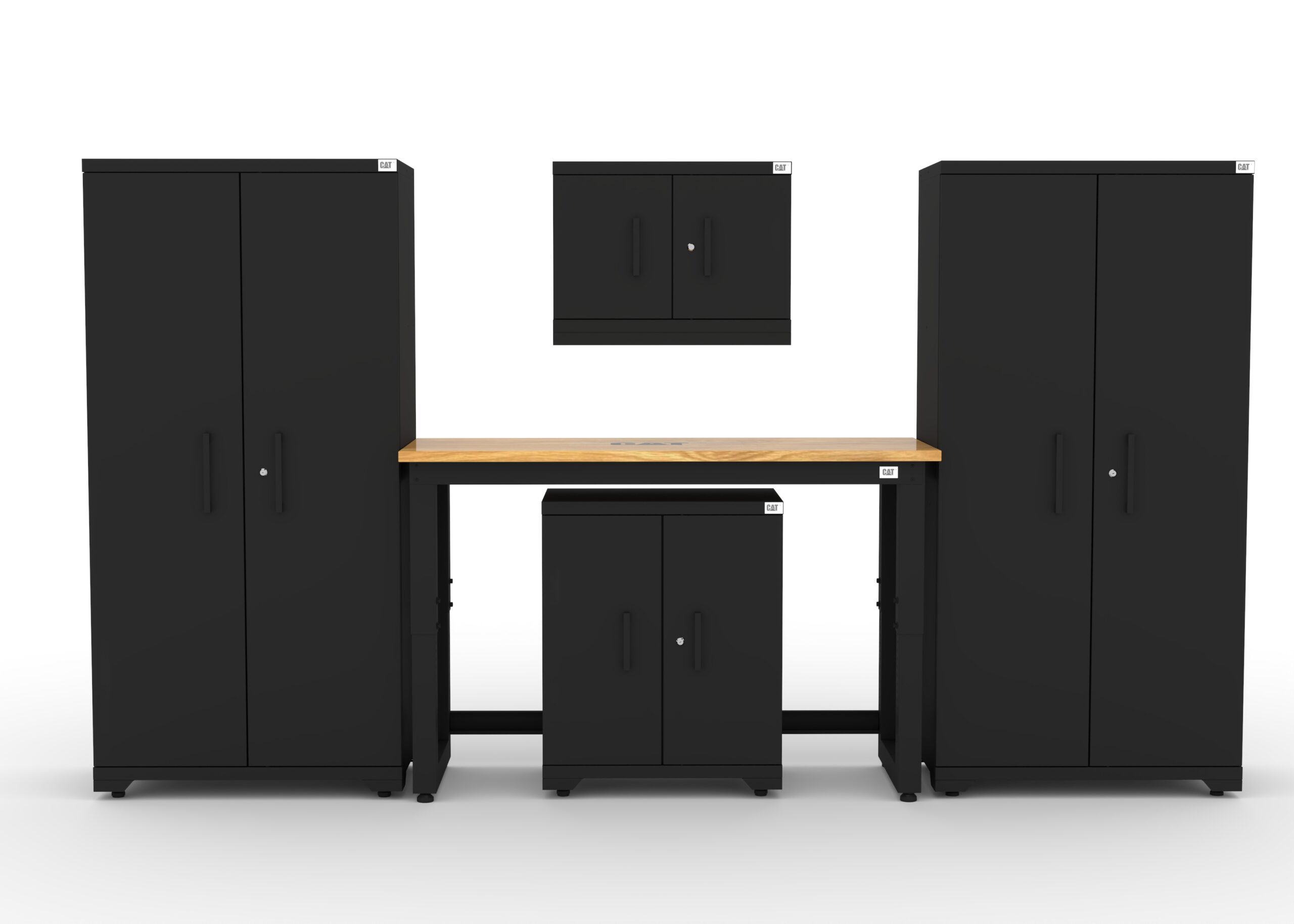 CAT-FWSETJ_main Garage storage cabinets with 2 lockers, 1 wall cabinet, 1 base cabinet and 48 inch solid wood workbench