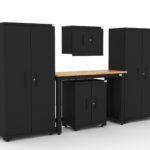 Garage storage cabinets with 2 lockers, 1 wall cabinet, 1 base cabinet and 48 inch solid wood workbench