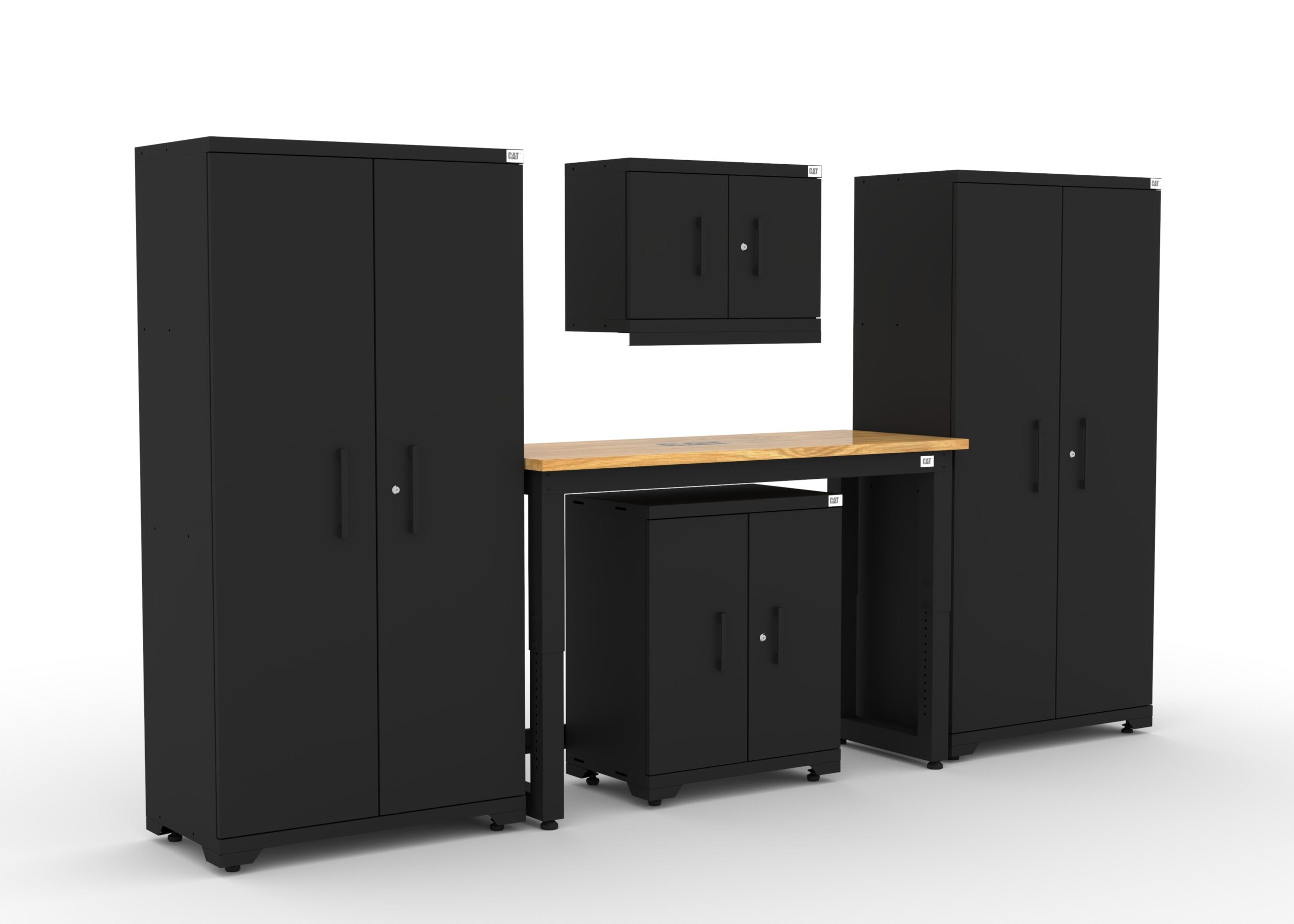 CAT-FWSETJ_right Garage storage cabinets with 2 lockers, 1 wall cabinet, 1 base cabinet and 48 inch solid wood workbench