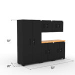 Garage storage cabinets with 1 locker, 2 wall cabinets, 2 base cabinets and 56 inch solid wood worktop