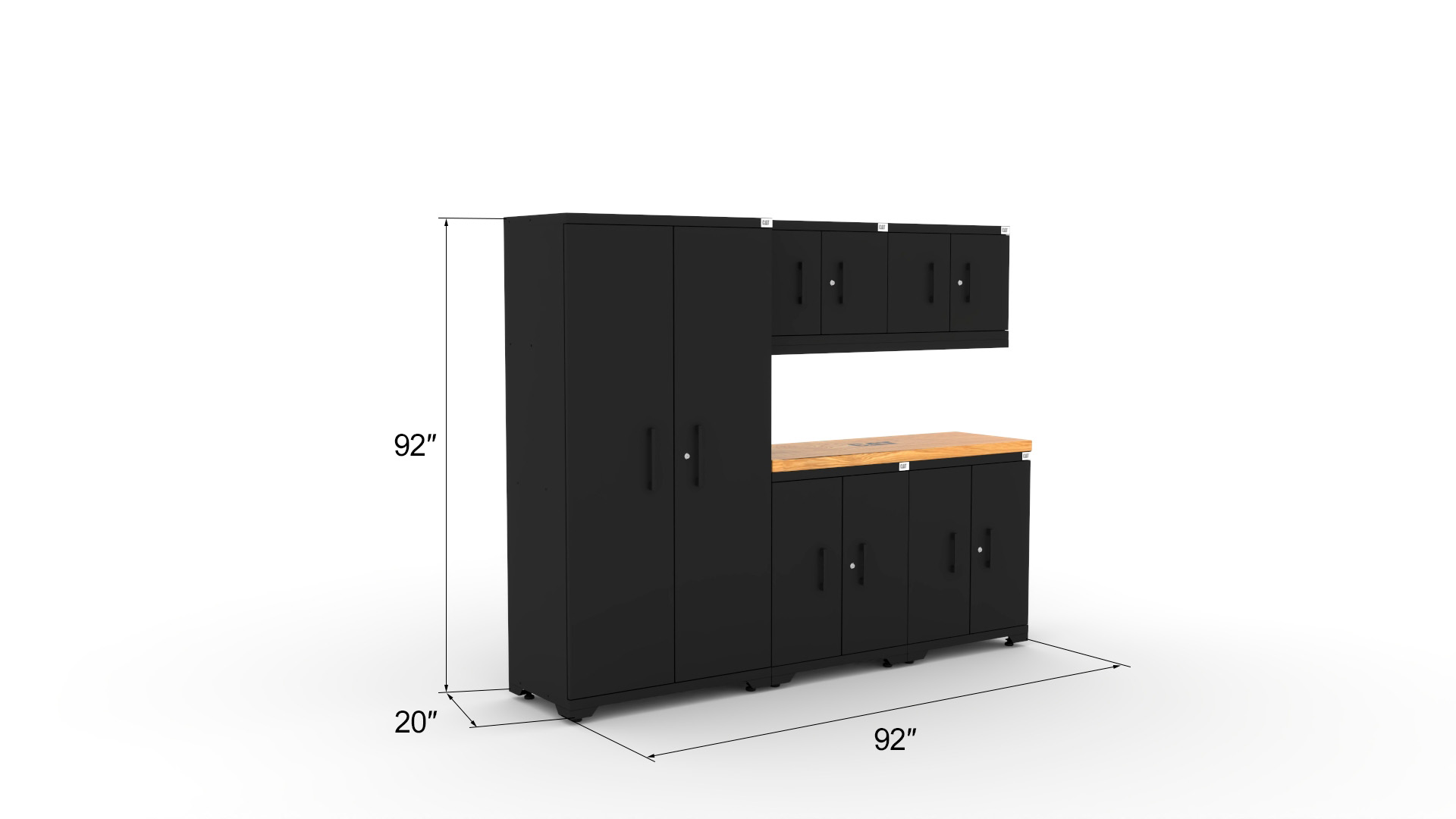 CAT-FWSETK_dims Garage storage cabinets with 1 locker, 2 wall cabinets, 2 base cabinets and 56 inch solid wood worktop