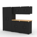 Garage storage cabinets with 1 locker, 2 wall cabinets, 2 base cabinets and 56 inch solid wood worktop
