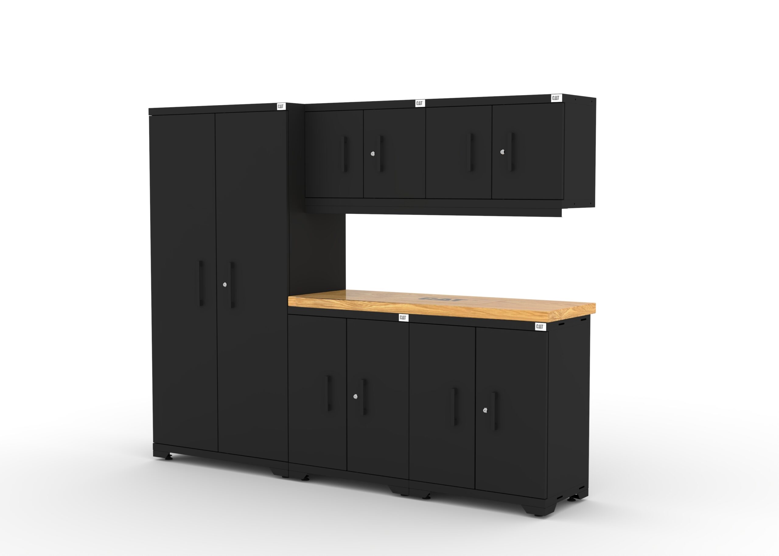 CAT-FWSETK_left Garage storage cabinets with 1 locker, 2 wall cabinets, 2 base cabinets and 56 inch solid wood worktop