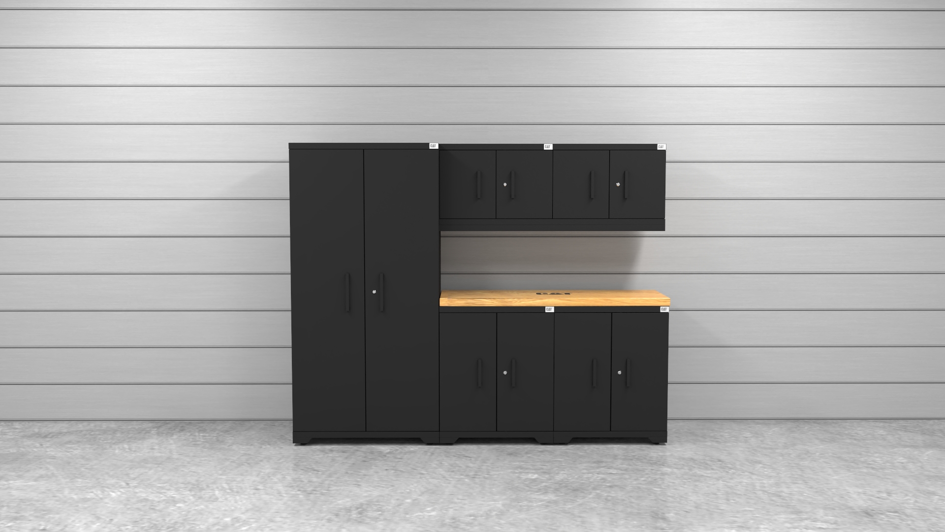 CAT-FWSETK_lifestyle Garage storage cabinets with 1 locker, 2 wall cabinets, 2 base cabinets and 56 inch solid wood worktop