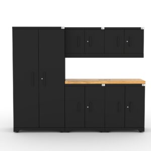 Garage storage cabinets with 1 locker, 2 wall cabinets, 2 base cabinets and 56 inch solid wood worktop