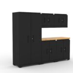 Garage storage cabinets with 1 locker, 2 wall cabinets, 2 base cabinets and 56 inch solid wood worktop