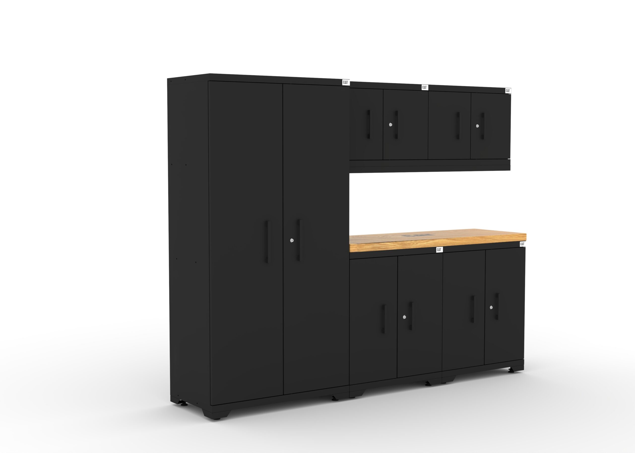 CAT-FWSETK_right Garage storage cabinets with 1 locker, 2 wall cabinets, 2 base cabinets and 56 inch solid wood worktop