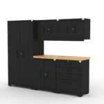 Garage storage cabinets with 1 locker, 2 wall cabinets, 1 base cabinet, 1 tool cabinet and 56 inch worktop