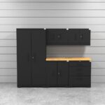 Garage storage cabinets with 1 locker, 2 wall cabinets, 1 base cabinet, 1 tool cabinet and 56 inch worktop