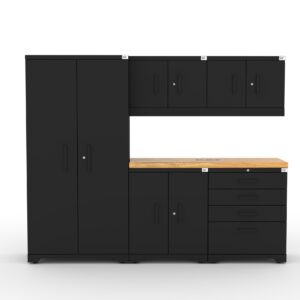 Garage storage cabinets with 1 locker, 2 wall cabinets, 1 base cabinet, 1 tool cabinet and 56 inch worktop