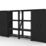 CAT garage storage cabinet set with 1 locker, 2 wall cabinets, 1 base cabinet and 1 tool cabinet