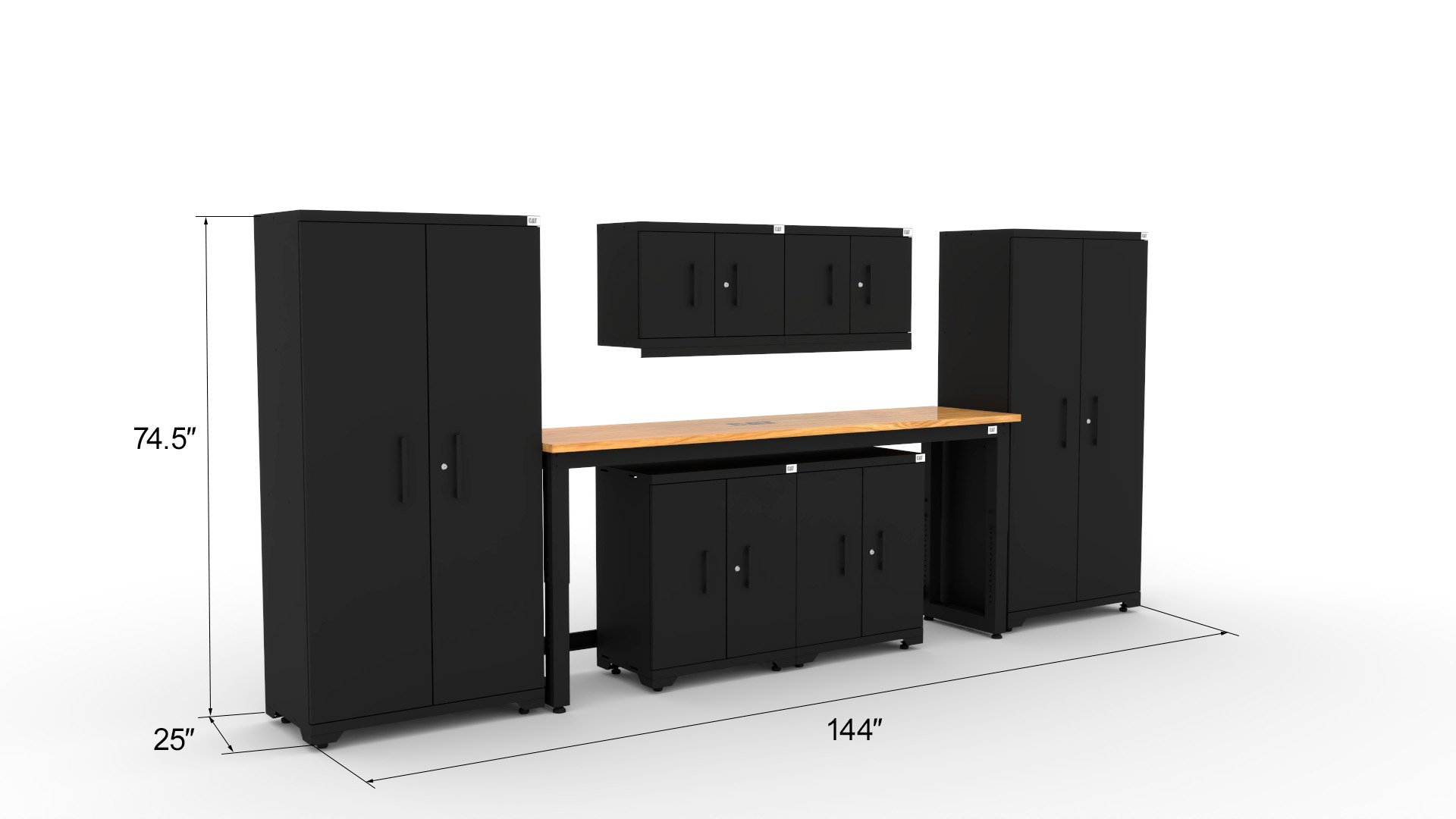CAT-FWSETN_dims CAT fully-welded garage storage cabinets with 2 lockers, 2 wall cabinets and 2 base cabinets