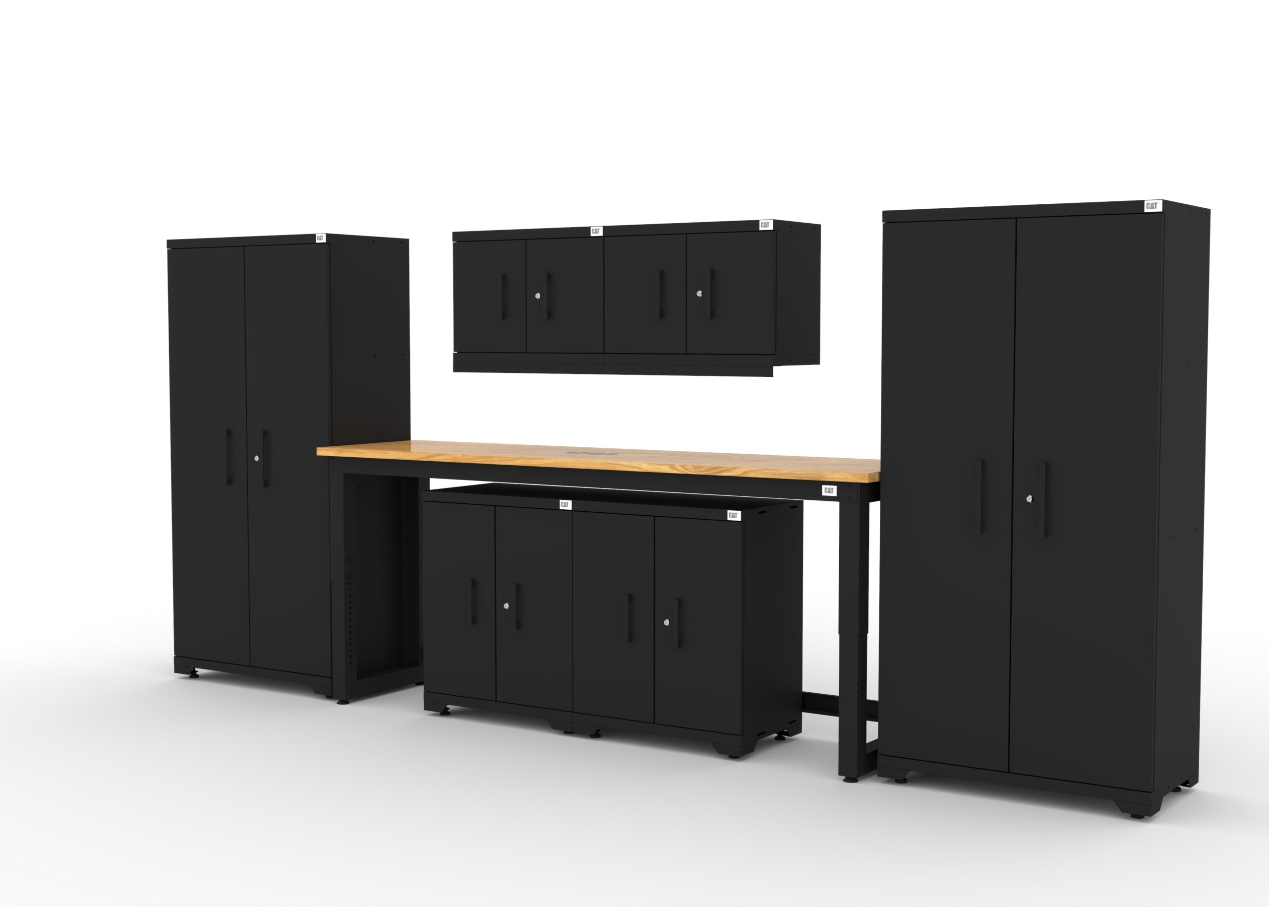 CAT-FWSETN_left CAT fully-welded garage storage cabinets with 2 lockers, 2 wall cabinets and 2 base cabinets