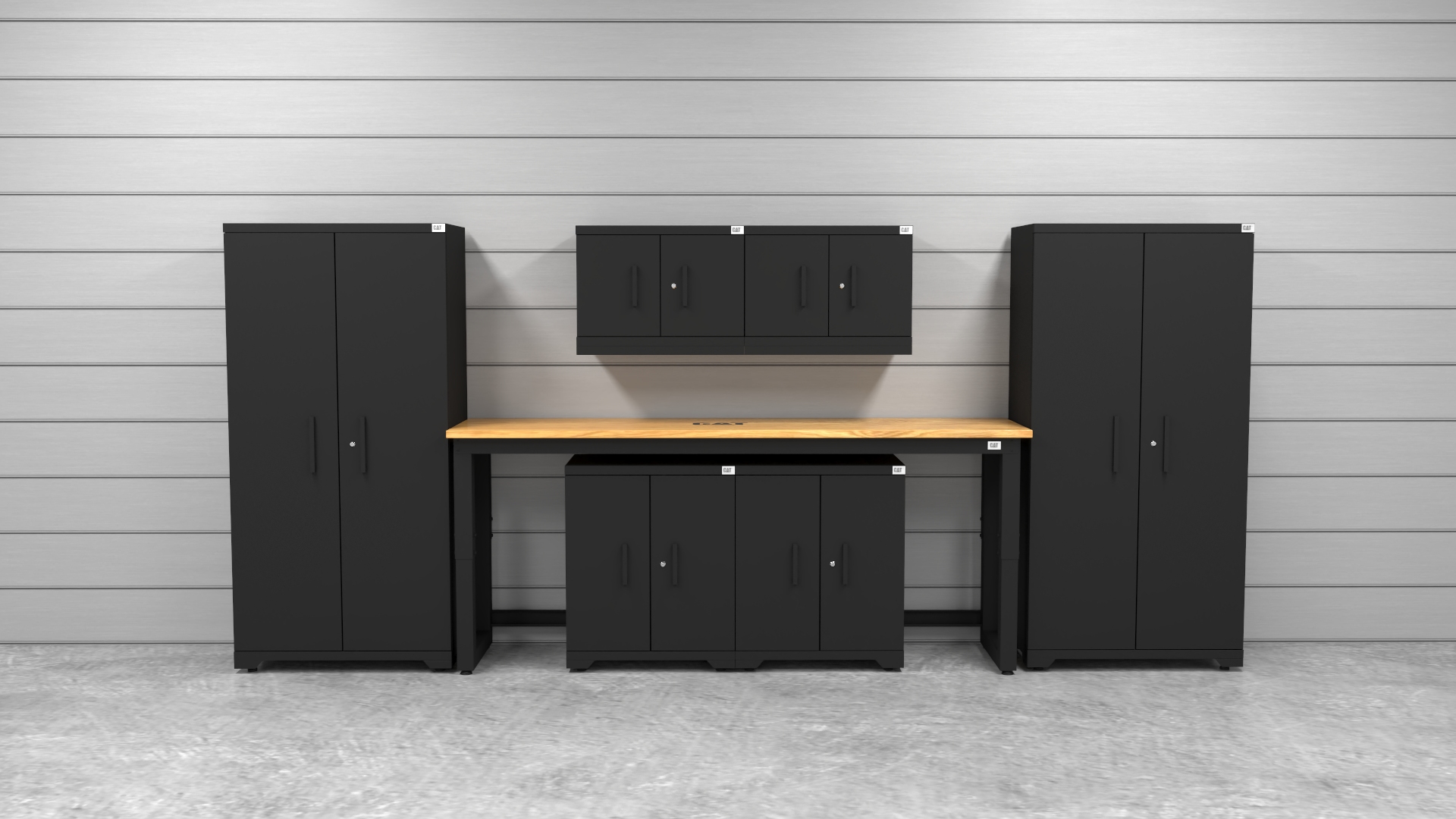 CAT-FWSETN_lifestyle CAT fully-welded garage storage cabinets with 2 lockers, 2 wall cabinets and 2 base cabinets