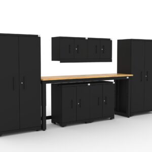 CAT fully-welded garage storage cabinets with 2 lockers, 2 wall cabinets and 2 base cabinets