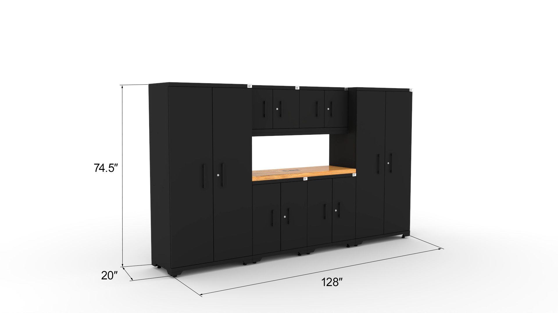 CAT-FWSETO_dims Garage storage cabinets with 2 lockers, 2 wall cabinets, 2 base cabinets and 56 inch solid wood worktop
