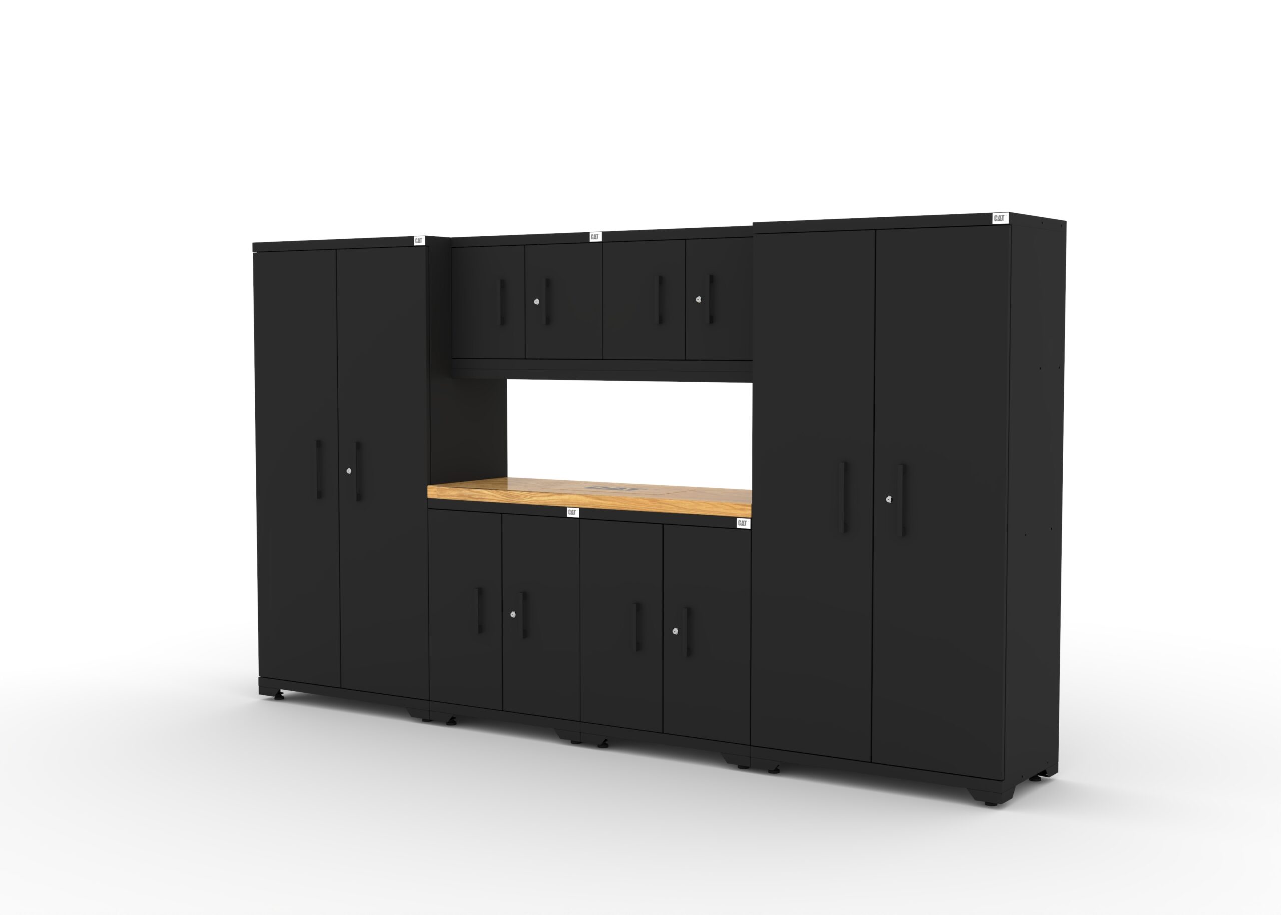 CAT-FWSETO_left Garage storage cabinets with 2 lockers, 2 wall cabinets, 2 base cabinets and 56 inch solid wood worktop