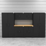Garage storage cabinets with 2 lockers, 2 wall cabinets, 2 base cabinets and 56 inch solid wood worktop