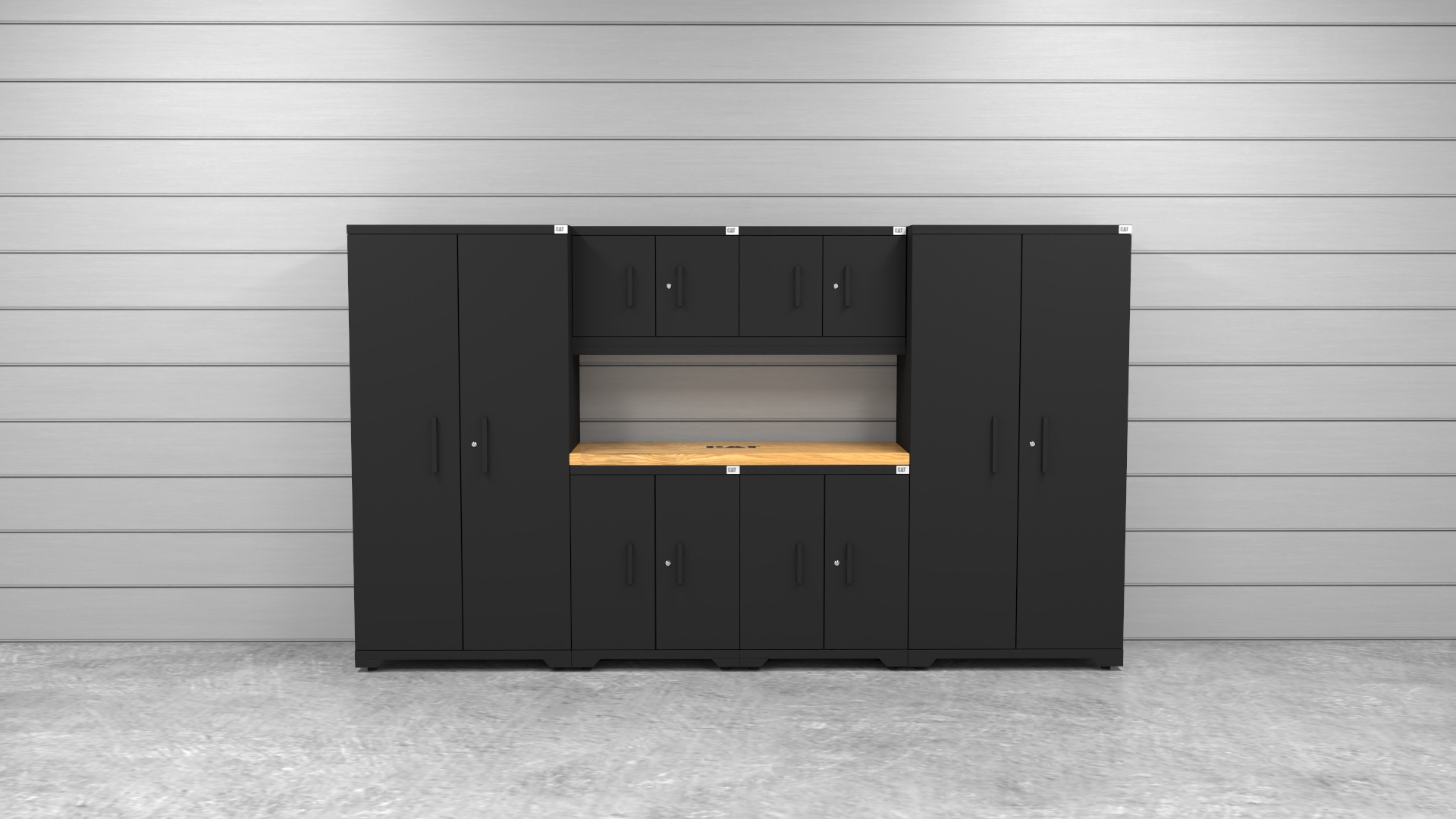 CAT-FWSETO_lifestyle Garage storage cabinets with 2 lockers, 2 wall cabinets, 2 base cabinets and 56 inch solid wood worktop