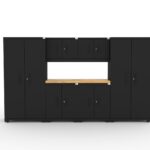 Garage storage cabinets with 2 lockers, 2 wall cabinets, 2 base cabinets and 56 inch solid wood worktop