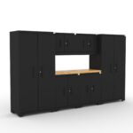 Garage storage cabinets with 2 lockers, 2 wall cabinets, 2 base cabinets and 56 inch solid wood worktop