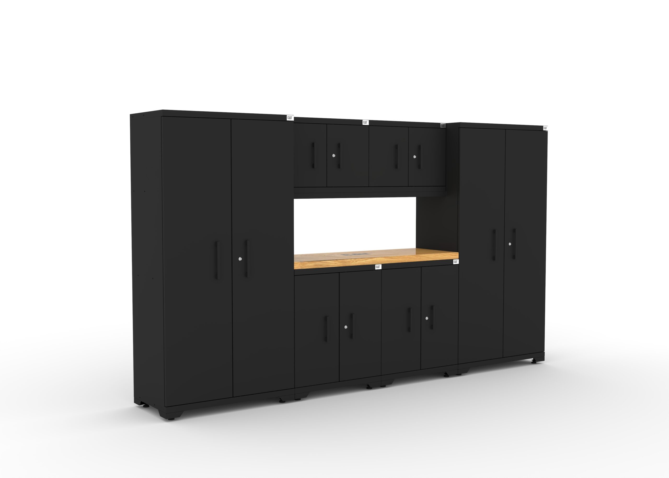 CAT-FWSETO_right Garage storage cabinets with 2 lockers, 2 wall cabinets, 2 base cabinets and 56 inch solid wood worktop