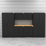 CAT fully-welded garage storage cabinets with 2 lockers, 2 wall cabinets and 2 base cabinets