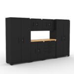 CAT fully-welded garage storage cabinets with 2 lockers, 2 wall cabinets and 2 base cabinets