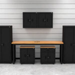 Garage storage cabinets with 2 lockers, 1 base cabinet, 1 drawer-base cabinet, 2 shelving units and 72 inch workbench